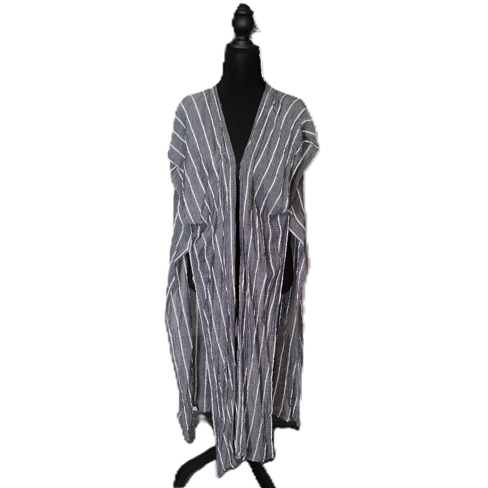 Dokotoo One Size Gray White Striped Open Front Duster Kimono Long Vest